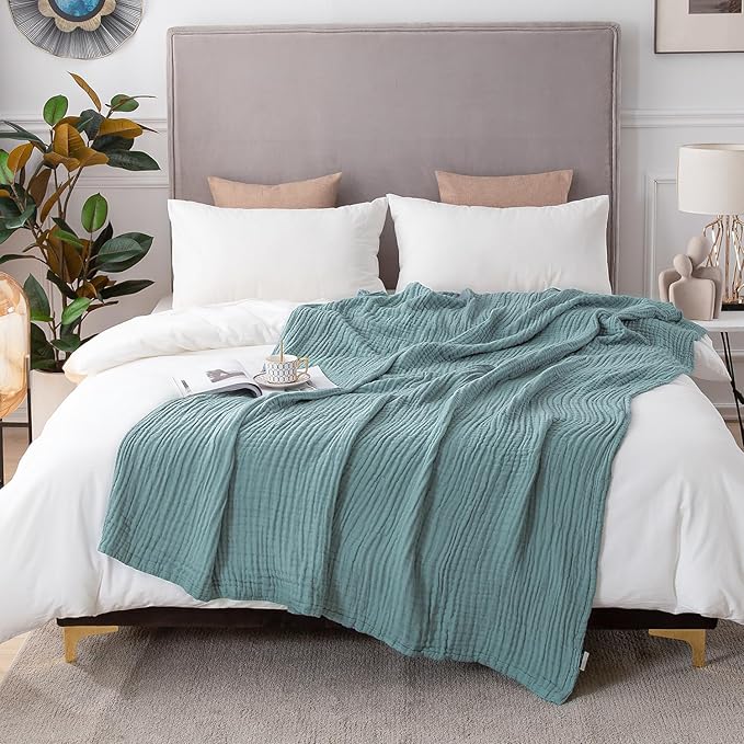 EMME Cotton Queen Size Bed Blanket, 80"x90", Lightweight Breathable Muslin Blanket, All Season Gauze, Teal