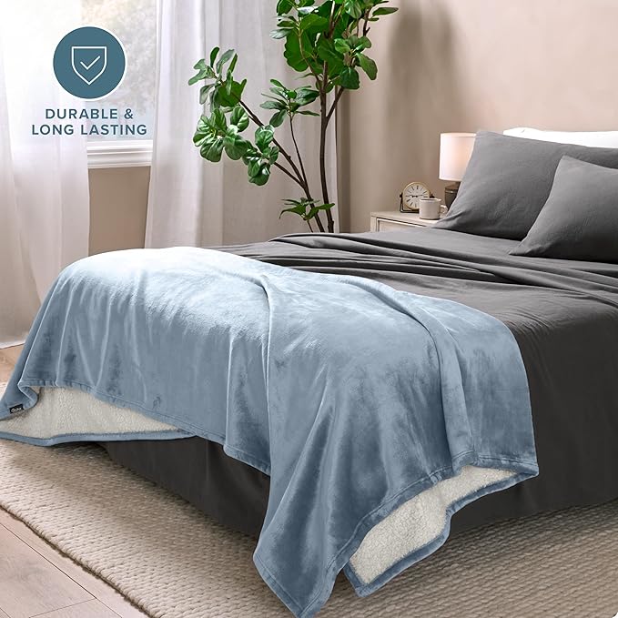 Bare Home Sherpa Fleece Blanket - Full/Queen Size - Blanket for Bed, Sofa, and Couch - Warm & Lightweight - Fluffy & Soft - Reversible (Full/Queen, Dusty Blue)