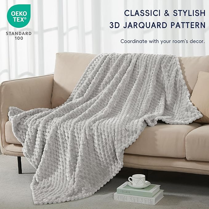 PHF Ultra Soft Flannel Fleece Throw Blanket, Lightweight 3D Jacquard Fleece Blanket, No Shedding, No Pilling, Luxury 340GSM Aesthetic Fluffy Cozy Throws for Couch Room Decor, 50"x60", Light Grey