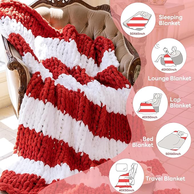 Chunky Knit Blanket - Luxury Soft Cozy Queen Size(50 * 60) Throw Blanket,100% Woven Blanket Rope Knot Throw Blanket for Couch, Sofa, Home Decor, Gift - Machine Washable(White/Wine red)