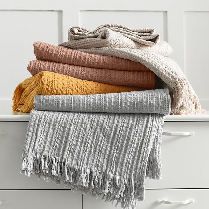 100% Cotton Waffle Blanket with Fringe, Pre-Washed Waffle Weave Blanket for All Season, Lightweight Breathable Soft Cozy Throw Blanket for Couch, Bed, Travel (Dusty Pink - 66x90 Inches)