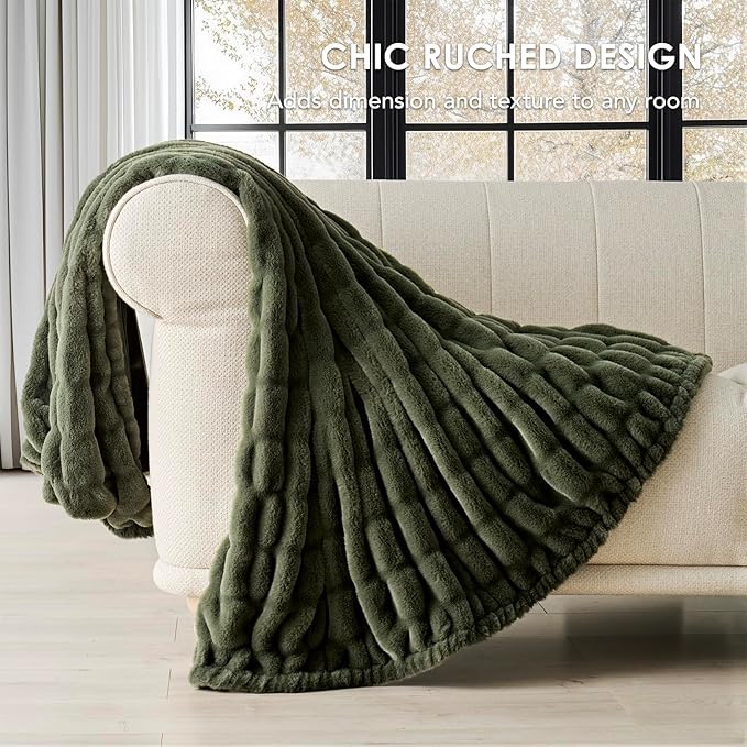 EVERGRACE Luxurious Soft Faux Rabbit Fur Throw Blanket, Cozy Fuzzy Plush Warm Throws for Couch Bed Sofa Chair Home Decor, Ruched Bubble Fluffy Blanket with Reversible Velvet, 60" x 80", Loden Green