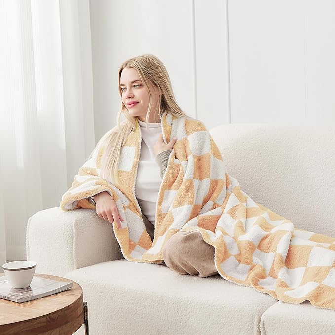 JOOJA Soft Cozy Checkerboard Peach Blanket Fluffy Knit Throw for Couch Plaid Checkered 50x60 in