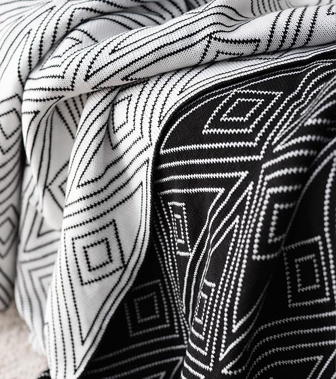 Black and White Throw Blankets Queen Size, Knitted Modern Patterned Throw Blanket, Soft Lightweight Woven Throw Blanket for Sofa Couch Bed and Living Room, Black&White (60x80 Inch)
