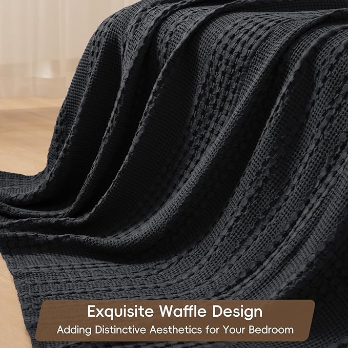 PHF 100% Cotton Waffle Weave Blanket Queen Size, Soft Lightweight Breathable Cozy Summer Blankets for Bed, Luxury Aesthetic Woven Bedding for Home Decor, 90"x90", Black