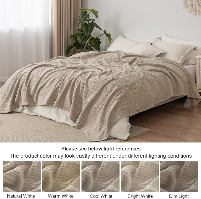 PHF 100% Cotton Muslin Blanket Twin Size 66" x 90", 4-Layer Lightweight and Breathable Blanket for Summer, Luxuriously Soft Gauze Bedding for Bed, Natural Minimalism Style, Ideal Gift, Simply Taupe