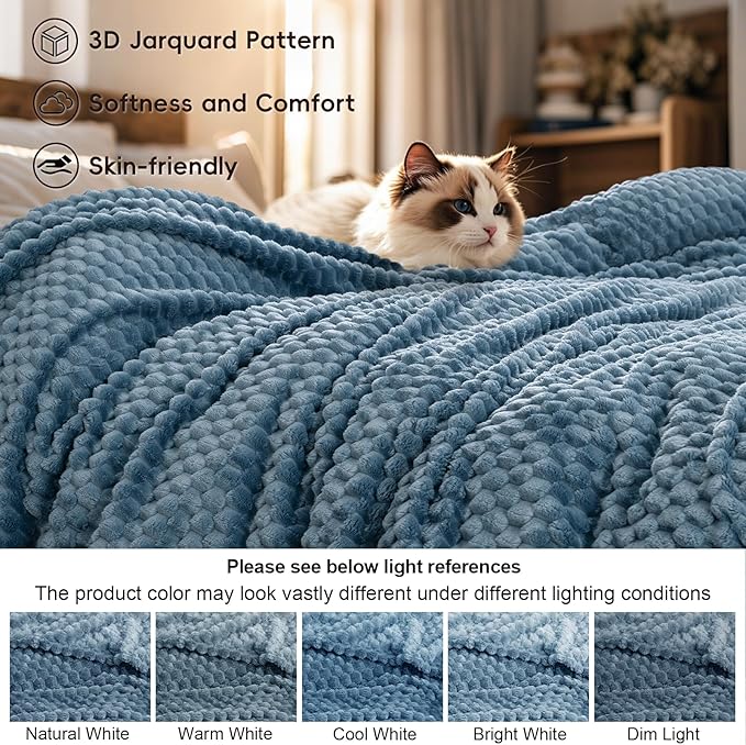 PHF Ultra Soft Flannel Fleece Blanket King Size, Lightweight 3D Jacquard Fleece Blanket, No Shedding, No Pilling, Luxury 340GSM Aesthetic Fluffy Cozy for Bed Room Decor, 108"x90", Captain's Blue