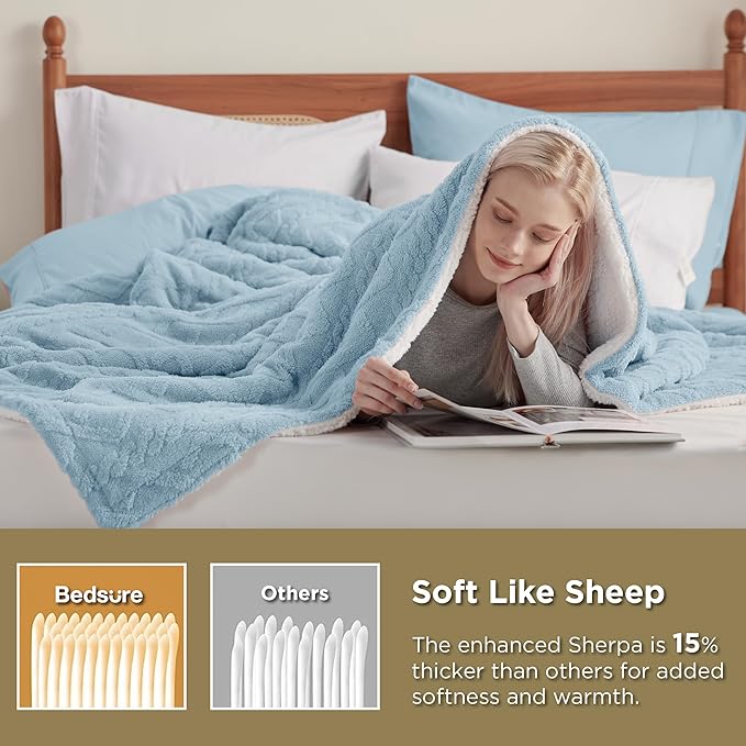 Bedsure Sherpa Fleece Throw Blanket for Couch - Fuzzy Soft Cozy Cable Throw for Women, Thick Warm Blanket for Winter, Blue, 50x60 Inches