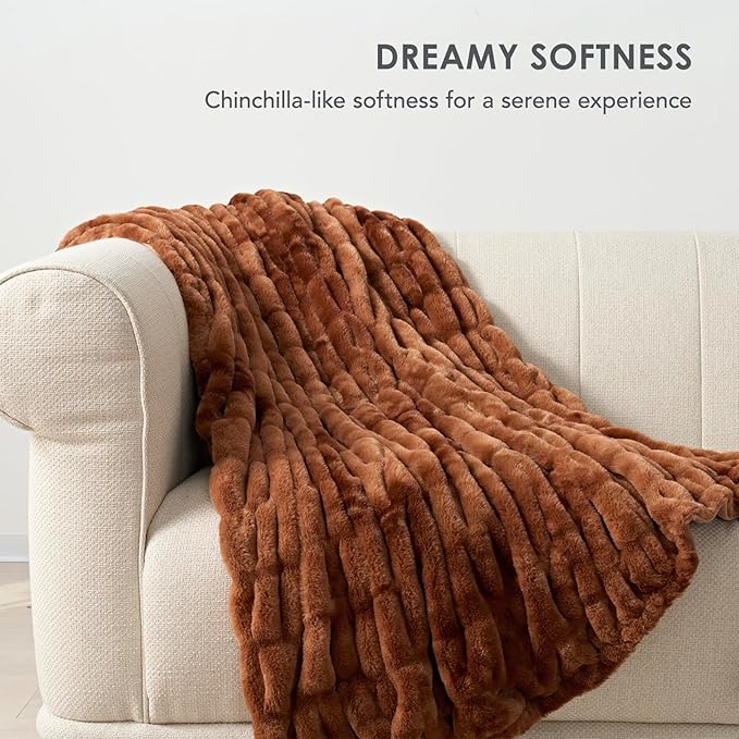 EVERGRACE Luxurious Soft Faux Rabbit Fur Throw Blanket, Cozy Fuzzy Plush Warm Throws for Couch Bed Sofa Chair Home Decor, Ruched Bubble Fluffy Blanket with Reversible Velvet, 50" x 60", Clay