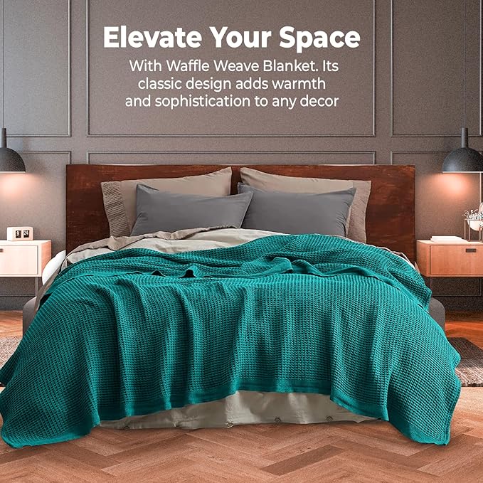 100% Cotton Blankets Queen Size for Bed - Waffle Weave Blankets for Summer, Lightweight and Breathable Soft Woven Blanket for Spring, (Teal, Queen (90" x 90"))