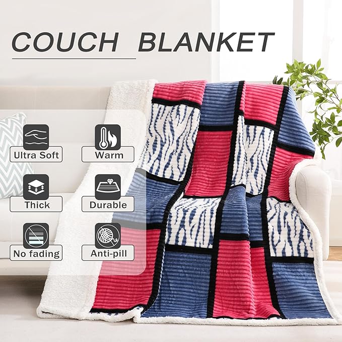 PU MEI Sherpa Blanket Fleece Throw Blanket Twin Plaid Thick Bed Blanket, Soft Warm Cozy Throw Blanket, 60”*80” Zabra-Navy Pink