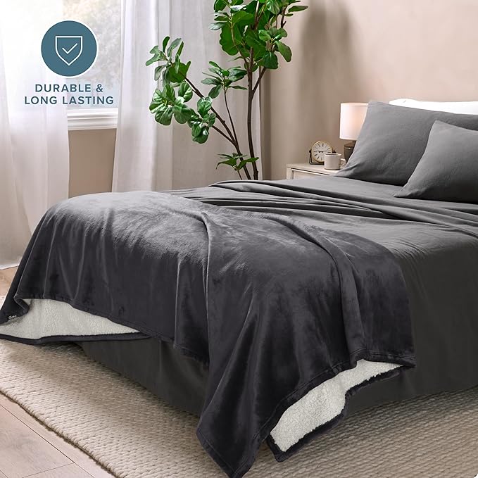 Bare Home Sherpa Fleece Blanket - Twin/Twin Extra Long - Blanket for Bed, Sofa, and Couch - Warm & Lightweight - Fluffy & Soft - Reversible (Twin/Twin XL, Forged Iron Grey)