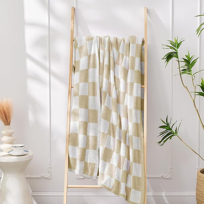JOOJA Soft Cozy Checkerboard Beige Bed Blanket Fluffy Knit Throw Blanket Queen Size Plaid Checkered 90x90 in