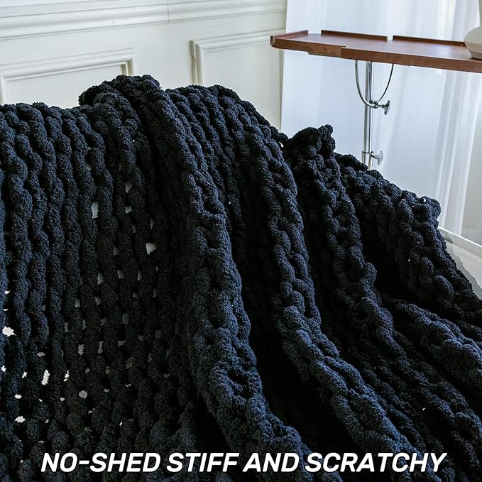 Chunky Knit Blanket - Luxury Soft Cozy Queen Size(50 * 60) Throw Blanket,100% Woven Blanket Rope Knot Throw Blanket for Couch, Sofa, Home Decor, Gift - Machine Washable(Black)