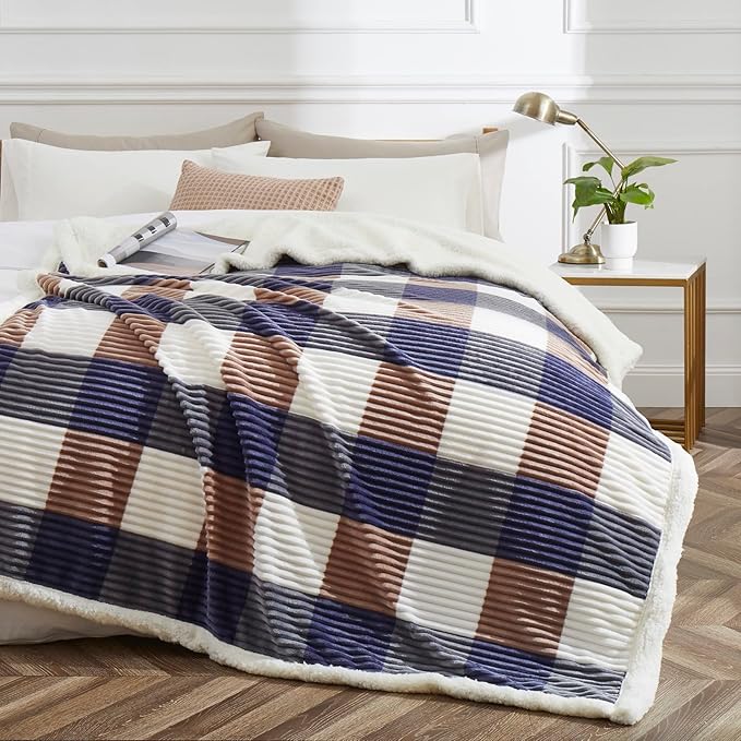PU MEI Sherpa Blanket Twin Plaid Thick Bed Blanket, 60”*80” Super Soft Flannel Fuzzy Fleece Reversible Velvet Plush Warm Blanket for Couch (Navy Check, 60"*80")