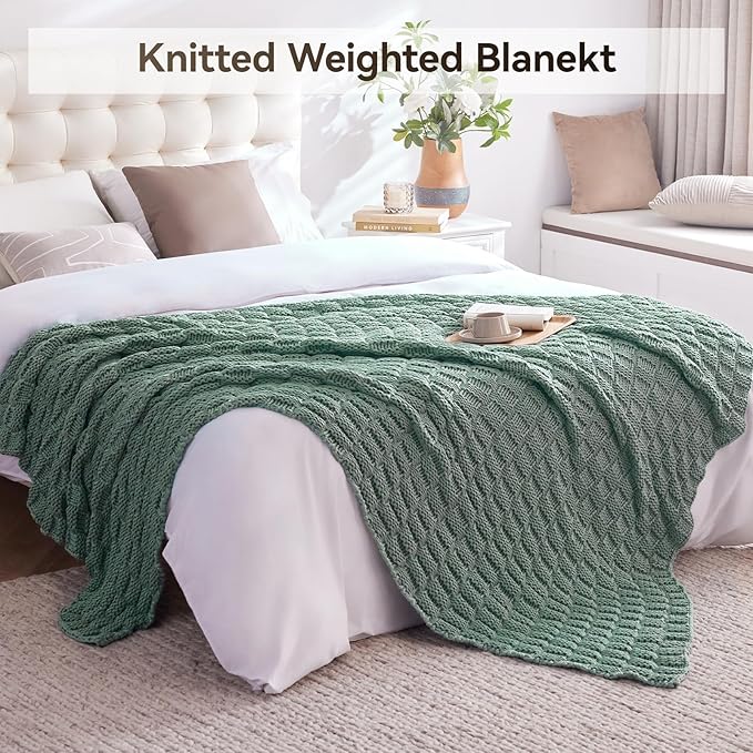 Knitted Weighted Blanket Kids, No Beads Heavy Blanket 36” x 48'' 5lbs, Breathable Chunky Knit Blanket, Cooling Weighted Blanket for Hot Sleepers, Christmas Home Decor (Light Green)