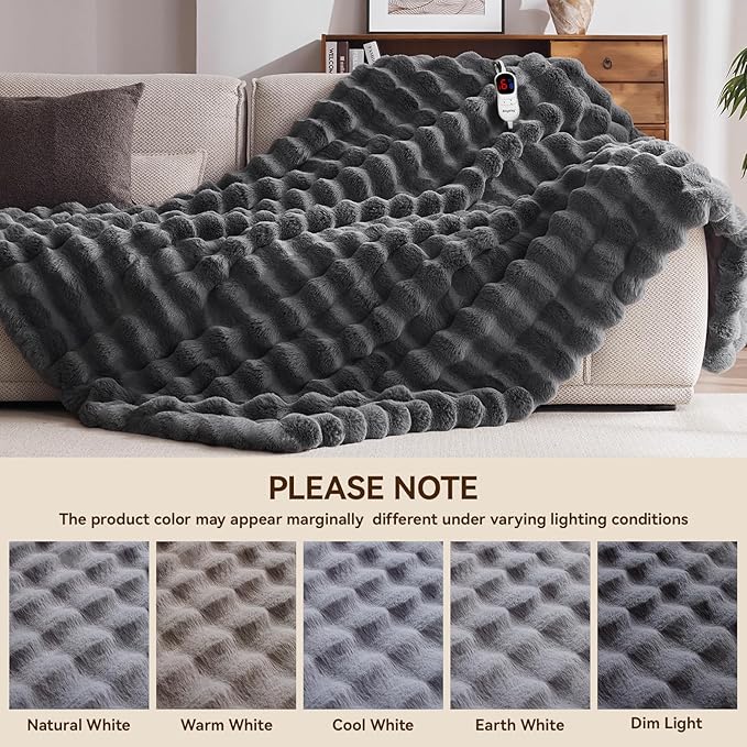 Heated Blanket Throw with 1/2/4/6/8 Hours Auto-Off 10 Heat Level, 50'' * 60'' Cozy Faux Rabbit Fur Bubble Electric Blanket with Overheat Protection(Dark Grey)