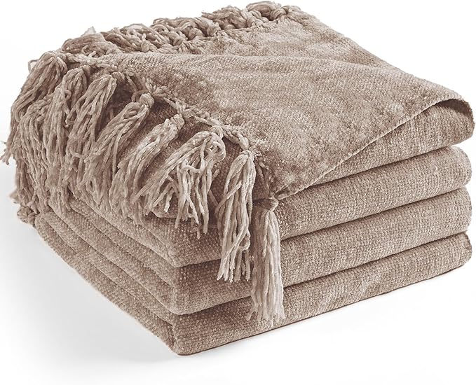 Chenille Throw Blanket for Couch 60"X 80" Twin, Soft Cozy Throws with Fringe Tassel for Bed Sofa Chair, Lightweight Knitted Decorative Farmhouse Boho Blankets for Gift, Taupe