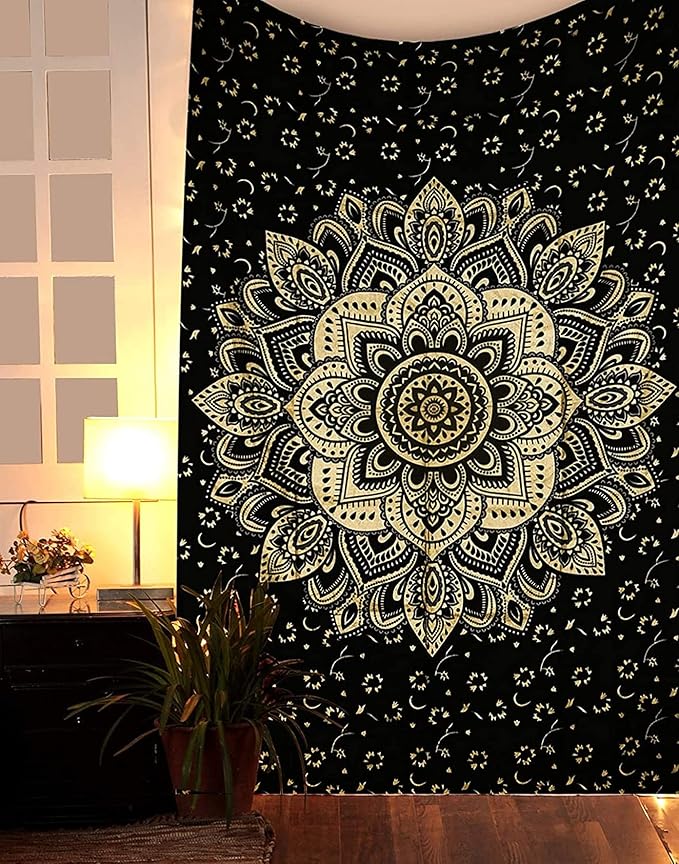 Rajsee Gold Mandala Tapestry - Boho Bedroom Aesthetic - Trippy Large Wall Hanging - Black Gold Wall Art 82x92 Inches