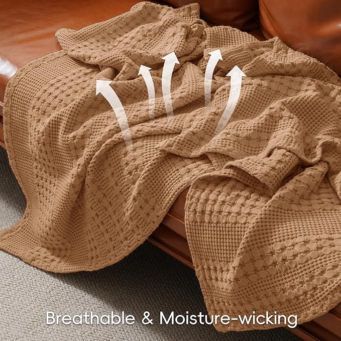 PHF 100% Cotton Waffle Weave Blanket King Size, Soft Lightweight Breathable Cozy Summer Blankets for Bed, Luxury Aesthetic Woven Bedding for Home Decor, 108"x90", Camel