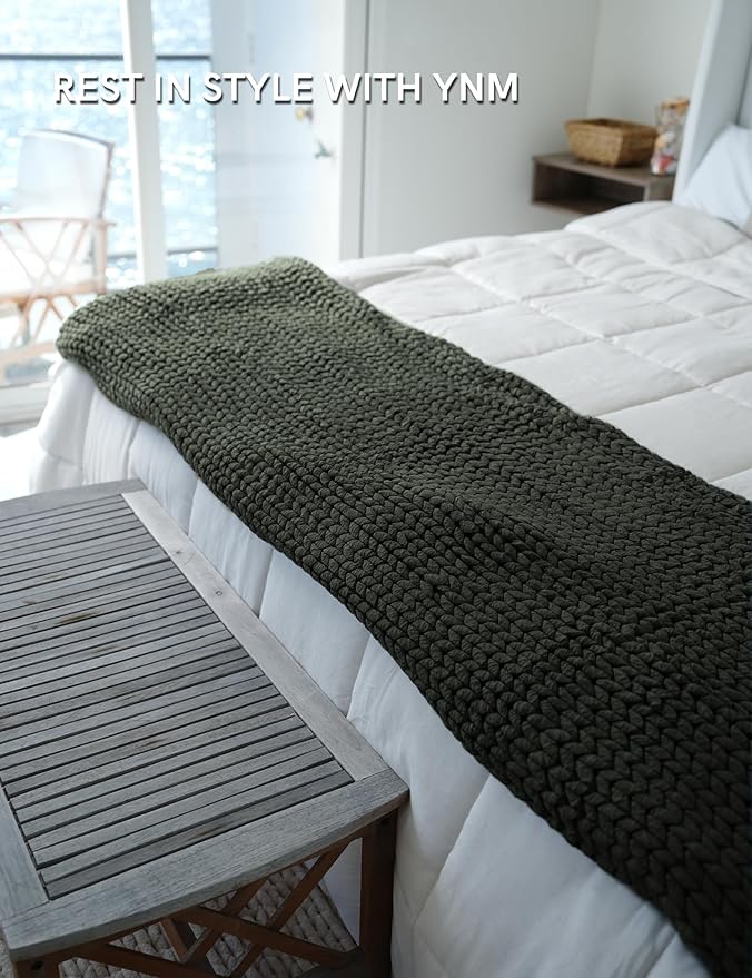 YnM Chunky Throw Blanket, Medium-Weight, Hand Knitted, Skin Friendly, Ventilated and Breathable, Machine Washable, Home Décor Piece for Couch, Sofa and Bed (Olive, 40x50 Inch)