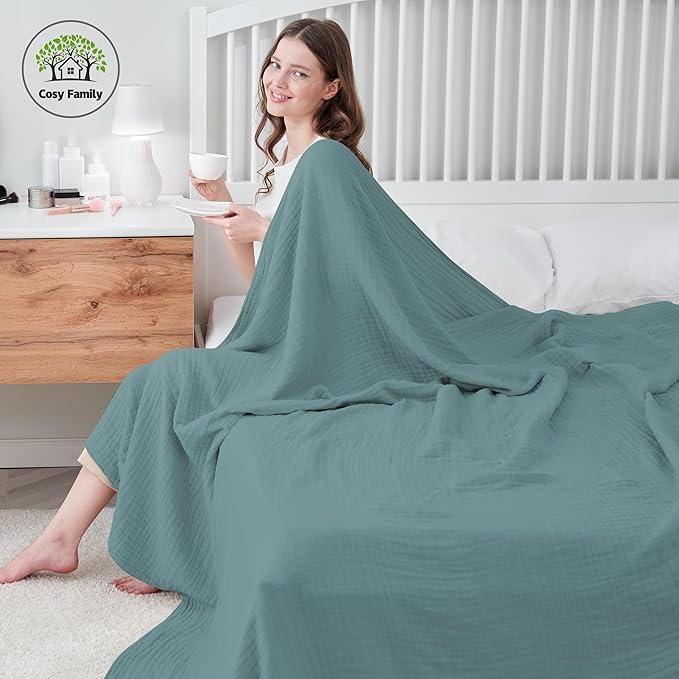 Cosy Family 6 Layer Muslin Bed Blanket - Breathable and Lightweight Gauze Boho Blanket for Spring, Soft 100% Cotton Muslin, Green, 55x80 Inches