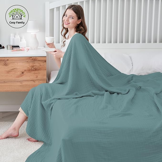 Cosy Family 6 Layer Muslin Bed Blanket - Breathable and Lightweight Gauze Boho Blanket for Spring, Soft 100% Cotton Muslin, Green, 80x90 Inches