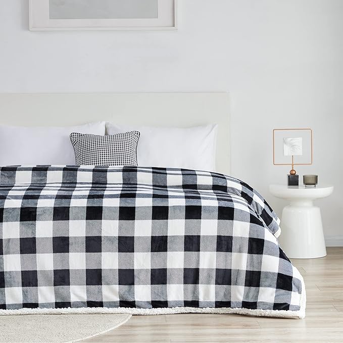 Touchat Sherpa Plaid Twin Blanket 60" X 70", Fuzzy Fluffy Soft Cozy Throw Blanket, Twin Size Plush Fleece Flannel Plush Microfiber Blanket for Couch Bed Sofa (Black)