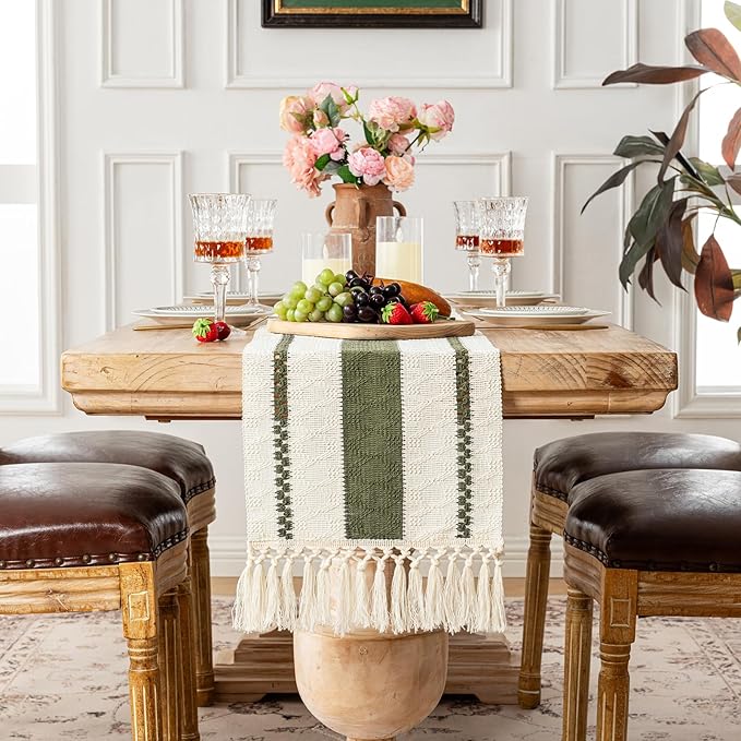 Fancy Homi Olive Green Table Runner 90 Inches Long Boho Macrame Table Runner for Home Decor, Farmhouse Table Runners with Tassels for Party Bohemian Rustic Bridal Shower Dining Decor 12x90 Inches