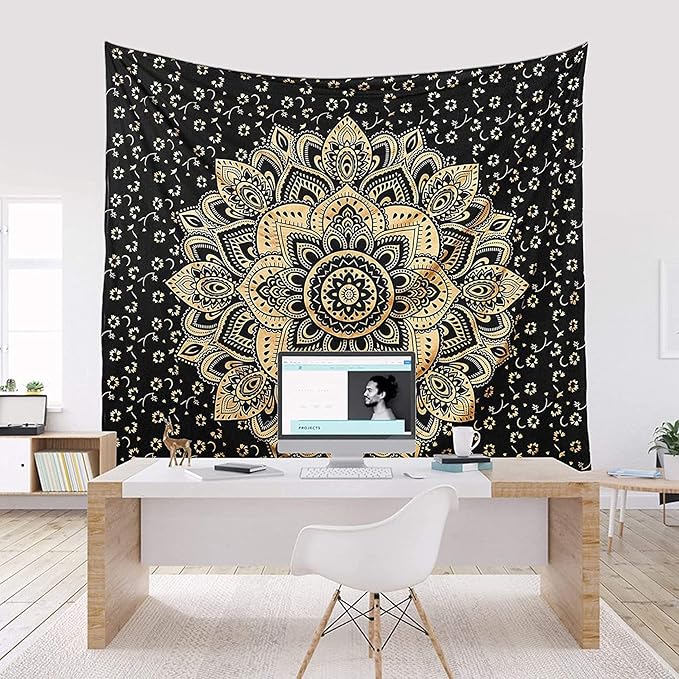 Rajsee Gold Mandala Tapestry - Boho Bedroom Aesthetic - Trippy Large Wall Hanging - Black Gold Wall Art 82x92 Inches