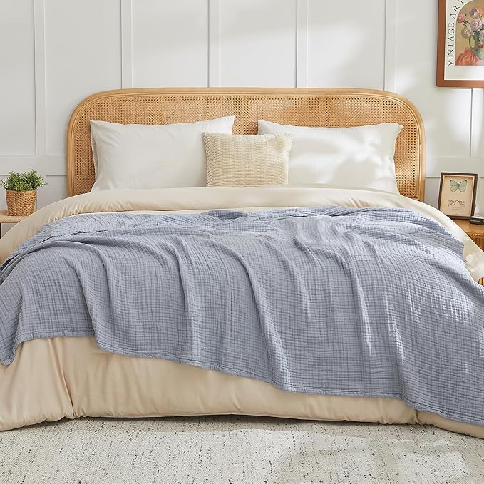 EMME Cotton Muslin Twin XL Blanket Breathable Gauze Blanket Soft Lightweight Blankets Adults Gifts for Women (Dusty Blue, 60"x80")