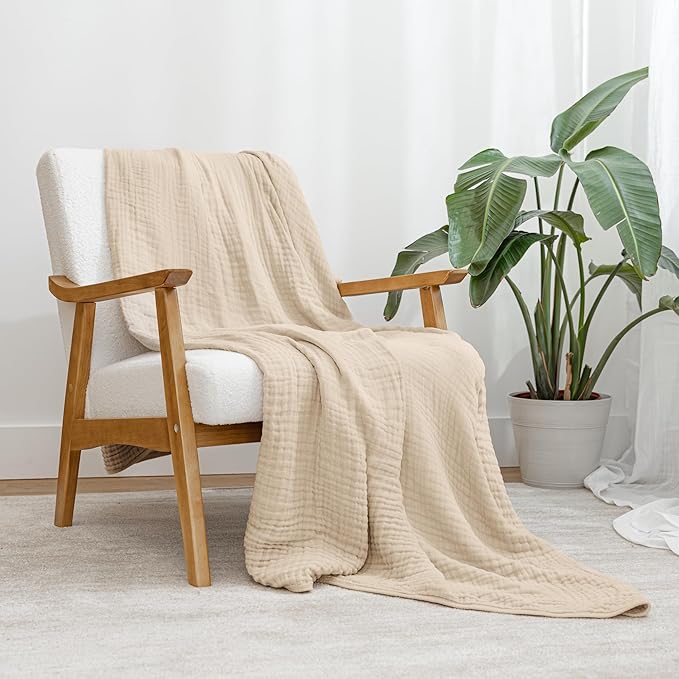 Comfy Cubs Muslin Throw Blanket - 50” x 60” Quilted Design - Lightweight, Breathable 6-Layer Gauze Fabric - Soft Cotton Blanket for Home or Travel - Packaged in Elegant Gift Box - Sand