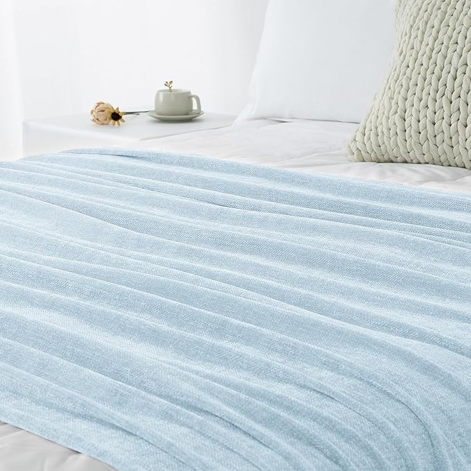 Chenille Throw Blanket for Couch 50"X 60", Soft Cozy Throws with Fringe Tassel for Bed Sofa Chair Cover, Lightweight Knitted Decorative Boho Blankets for Living Room, Light Blue