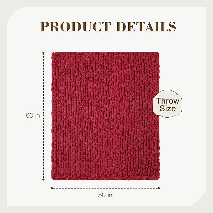 Carriediosa Chunky Knit Throw Blanket 50" X 60", 100% Hand Made Large Chenille Loop Yarn Soft Fluffy Throws for Couch Sofa Bed, Big Crochet Cozy Heavy Thick Cable Woven Blankets, Red