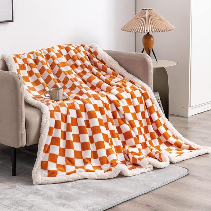 LOMAO Sherpa Throw Blanket Fleece Blanket with Checkered Pattern Soft Thick Blanket for Couch, Bed, Sofa Luxurious Warm and Cozy for All Seasons (Orange, 60"x80")