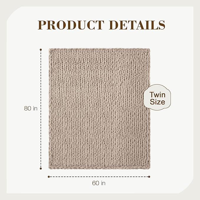 Carriediosa Chunky Knit Throw Blanket 60" X 80" Twin, 100% Hand Made Large Chenille Loop Yarn Soft Fluffy Throws for Couch Sofa Bed, Big Crochet Cozy Heavy Thick Cable Woven Blankets, Taupe
