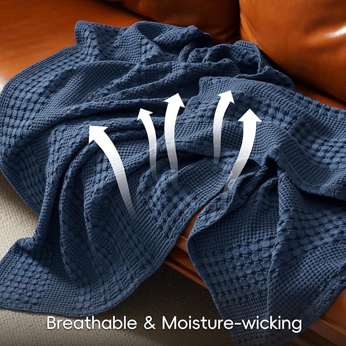 PHF 100% Cotton Waffle Weave Blanket Twin Size, Soft Lightweight Breathable Cozy Summer Blankets for Bed, Luxury Aesthetic Woven Bedding for Home Decor, 66"x90", Bright Navy Blue