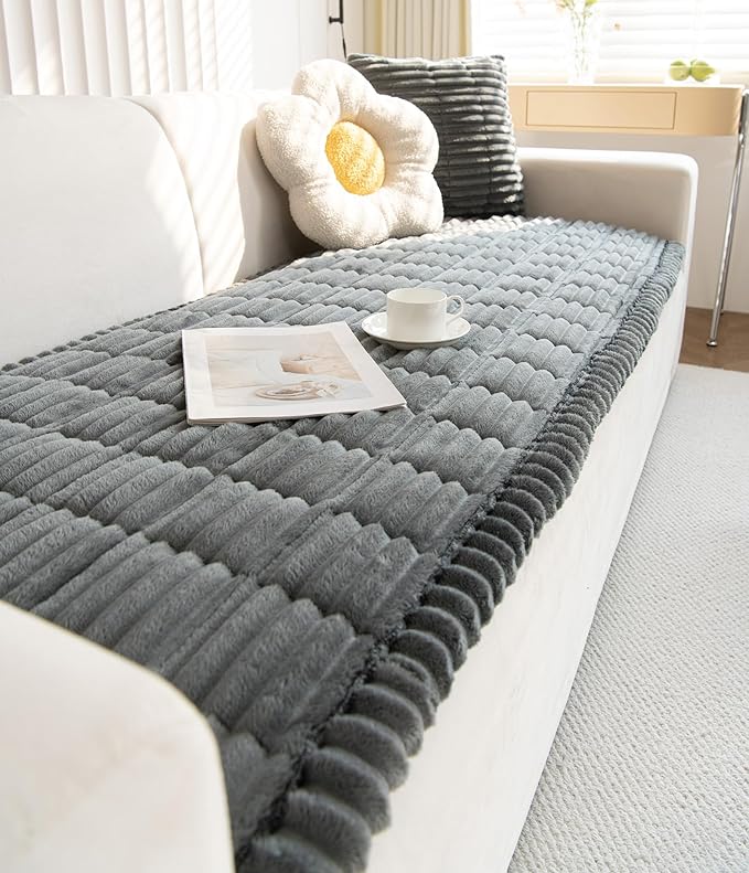 Faux Fur Plush Dog Couch Cover 3D Stripe Fuzzy Sofa Cover Non-Slip Fluffy Dog Bed Cover Pet Blanket Sofa Couch Furniture Protector for Puppy Large Dog Cat (Dark Grey,28"x59")
