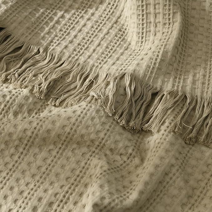 100% Cotton Waffle King Blanket with Fringe 104"x90", Pre-Washed Waffle Weave Blanket for All Season, Lightweight Breathable Soft Cozy Throw Blanket for Couch, Bed, Travel (Sage Green)