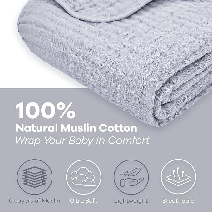 Comfy Cubs Muslin Baby Blanket - Soft, Lightweight, 6-Layer Cotton Swaddle Blankets for Newborns, Infants & Toddlers - 40" x 40" Large, Breathable & Versatile for Sleeping & Tummy Time - Heather