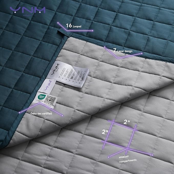 YnM Exclusive Weighted Blanket, Soothing Cotton, Smallest Compartments, Bed Blanket for One Person of 140lbs, Ideal for Twin/Full Bed (48x72 Inches, 15 Pounds, Peacock/Grey Reversible)