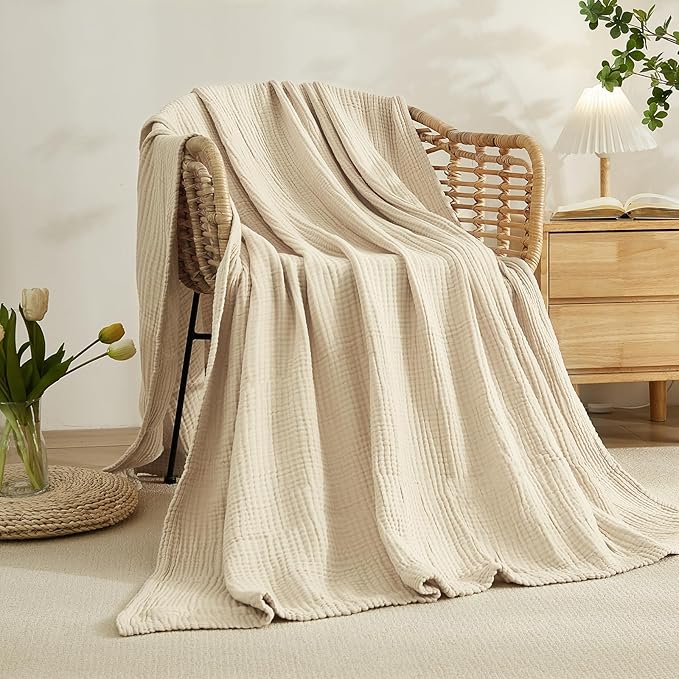EMME Cotton Blanket Queen Size for Bed Soft Large Muslin Bed Blankets 90"x90" Lightweight Breathable Coverlet Bedspread All Season Gauze, Light Tan