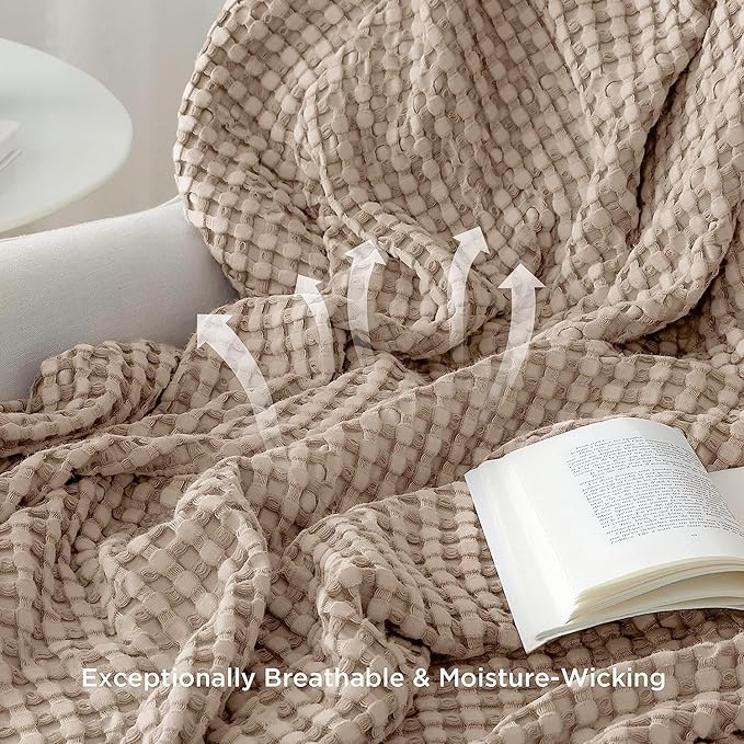 Bedsure Cooling Cotton Waffle Full Size Blanket - Lightweight Breathable Blanket of Rayon Derived from Bamboo for Hot Sleepers, Luxury Throws for Bed, Couch and Sofa, Taupe, 80x90 Inches