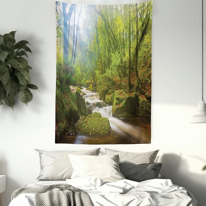 Ambesonne Woodland Tapestry Queen Size, Forest Scene at Golitha Falls Nature Reserve on the River Fowey Cornwall England, Wall Hanging Bedspread Bed Cover Wall Decor, 88" X 88", Green Brown