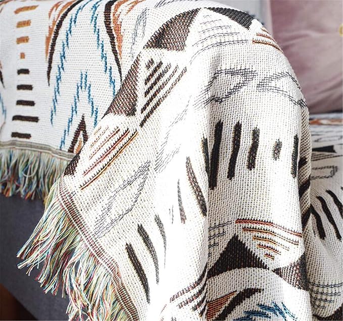Luxlovery Bohemian Sofa Throw Blankets Ethnic Woven Boho Hippie Tribal Throw Blanket for Couch Aztec Bed Throws Oversized Navy Beige and Blue Fringe Farmhouse Chair Sofa Cover with Tassels(63"x86")