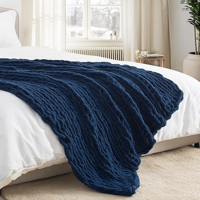 Chunky Knit Throw Blanket 50"X 60", 100% Handmade with Soft Chenille Yarn, 4.4lbs Thick Cable Knitted Blankets, Large Rope Knot Crochet Throws for Couch Sofa Bed Home Decor, Navy Blue