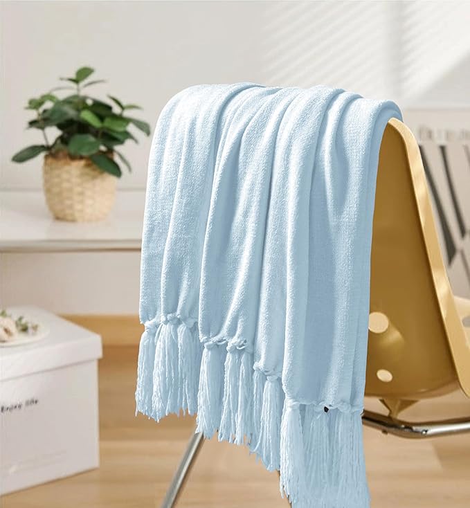 Chenille Throw Blanket for Couch 50"X 60", Soft Cozy Throws with Fringe Tassel for Bed Sofa Chair Cover, Lightweight Knitted Decorative Boho Blankets for Living Room, Light Blue