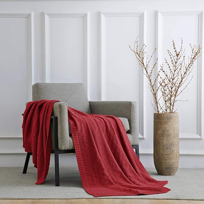 Longhui bedding Cotton Wine Red Cable Knit Throw Blanket for Couch Chairs Bed Beach, Home Decorative Knitted Blanket, 50 x 60 Inch with a Washing Bag,Silk Bow Tie Package