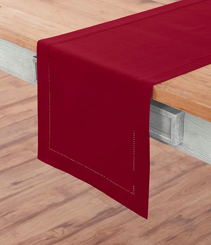 Solino Home Red Table Runner 36 Inches - Cotton Linen Hemstitch Coffee Table Runner 14 x 36 Inch Ideal for Dresser Tables - Summer, Fall, Autumn, Halloween