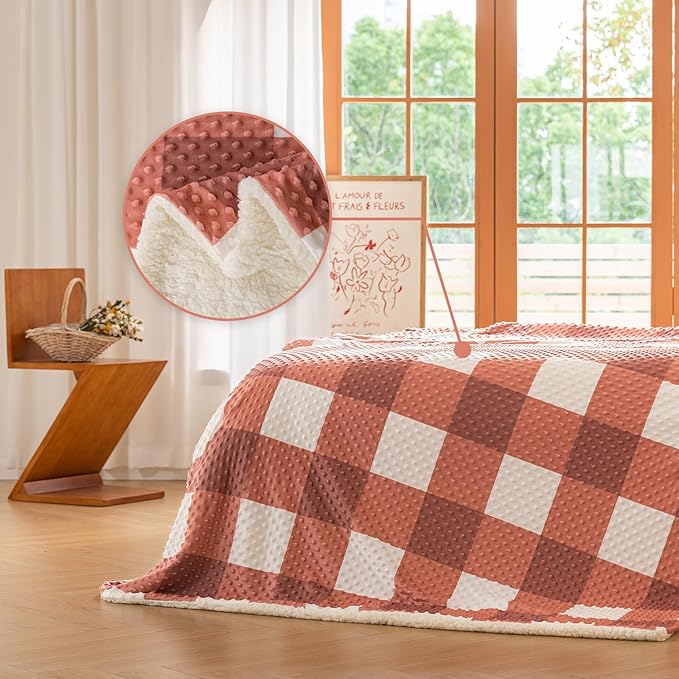 PU MEI Sherpa Blanket Fleece Throw Blanket Full Queen Plaid Thick Bed Blanket, Soft Warm Cozy Orange Checkered Throw Blanket 80"*90"
